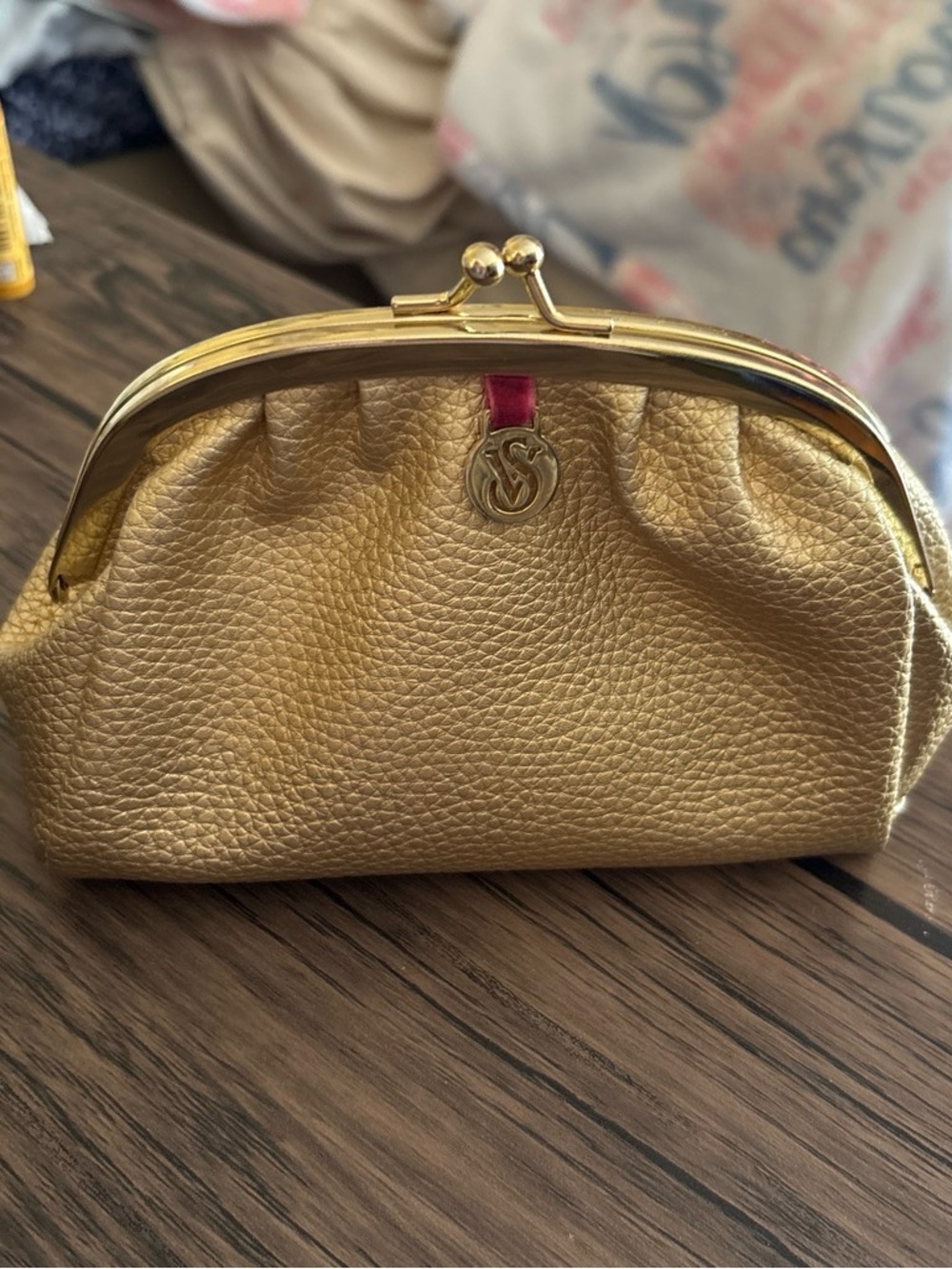 Victoria's Secret Metallic Gold Cosmetic Kiss-Lock Pouch with Pink Tab